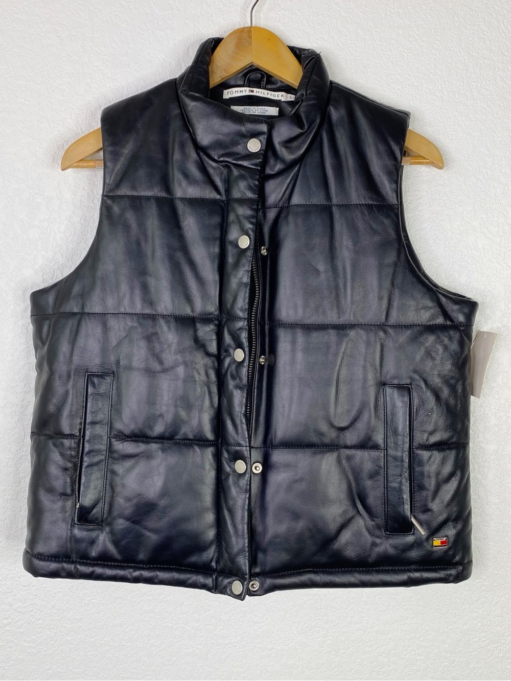 Vintage Tommy Hilfiger Black 100% Leather Quilted Vest